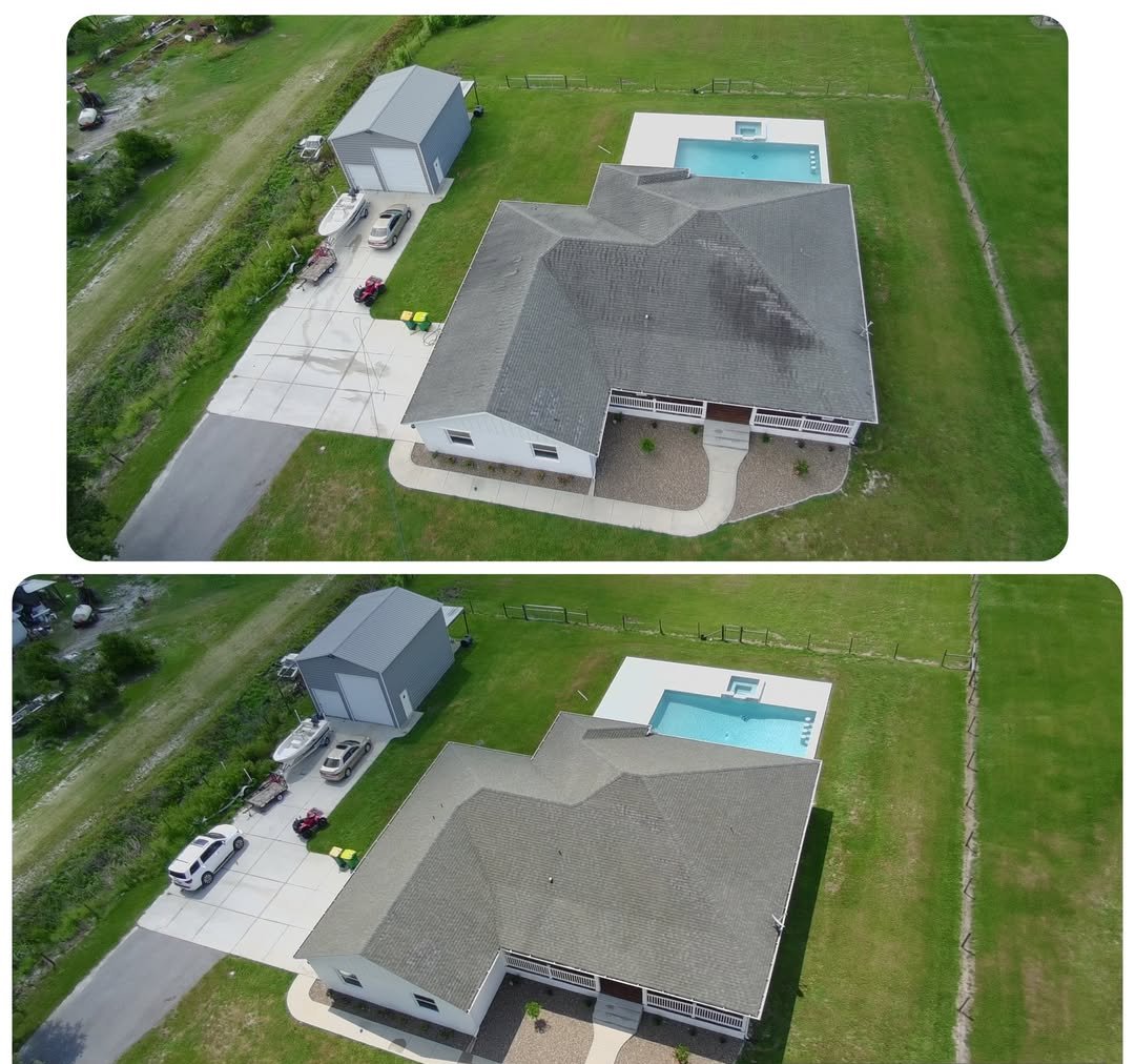 Aerial before and after of a Brevard County shingle roof — heavy algae staining on top, cleaned below