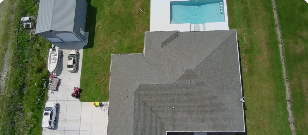Aerial view of a Brevard County roof after an East Coast Pressure Washing soft wash